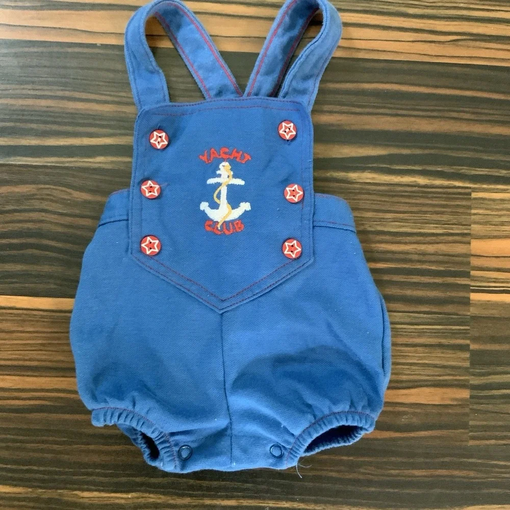 VTG Carters Baby Sz 12M Yacht Club Blue One Piece Romper Sunsuit Patriotic Stars